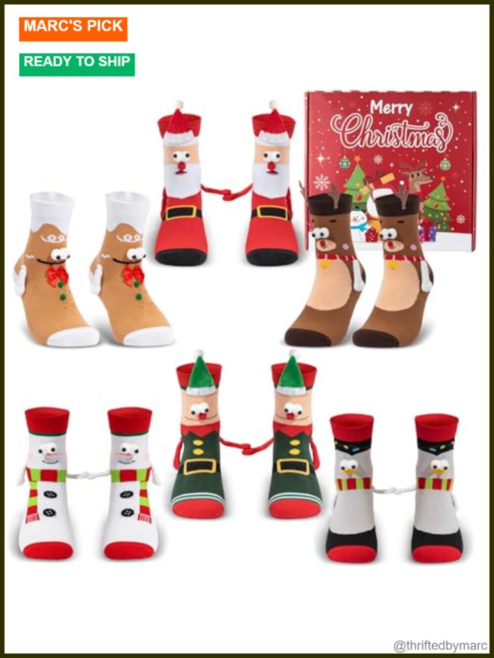 Magnetic Hand Holding Christmas Socks 6 Pairs Gift Set Novelty Stocking Stuffers